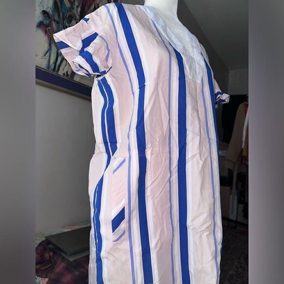 PEARL by Lela Rose Striped Ruffle Sleeve Pink Blue Designer Sheath Mini Dress S - Picture 8 of 12